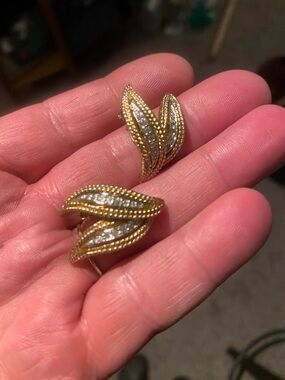 Gold and Silver Leaf Cluster Earrings with Clear Stones
